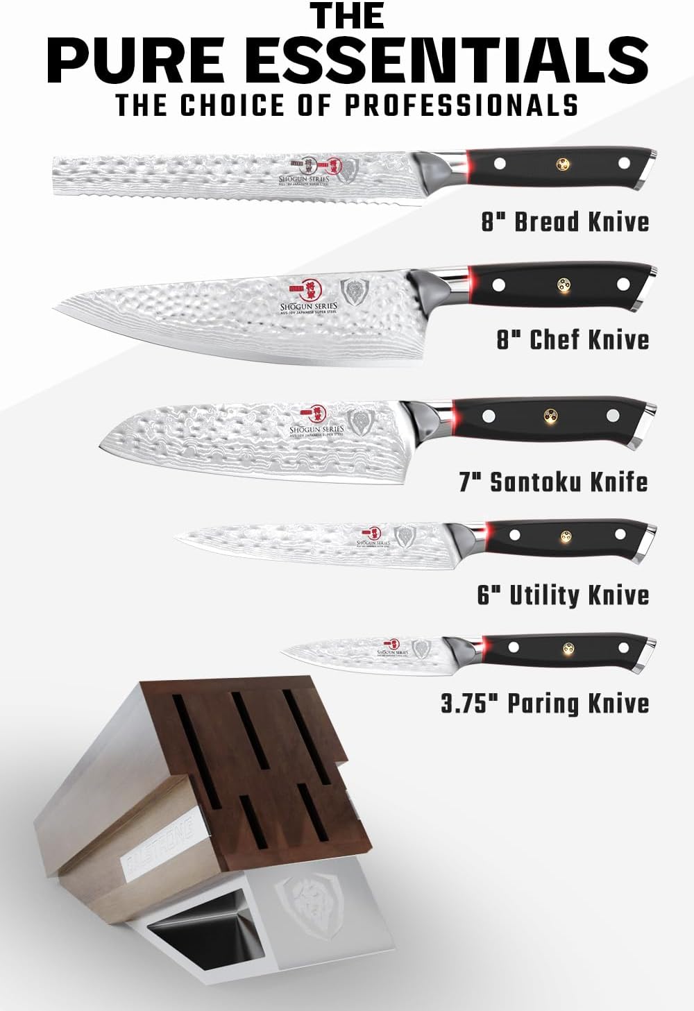DALSTRONG Knife Block Set - 5 Piece - Shogun Series ELITE - AUS-10V High-Carbon Japanese Steel - Black G10 Handles - Acacia Wood - Damascus - Kitchen Knife Set with Block - Professional Cutlery Set