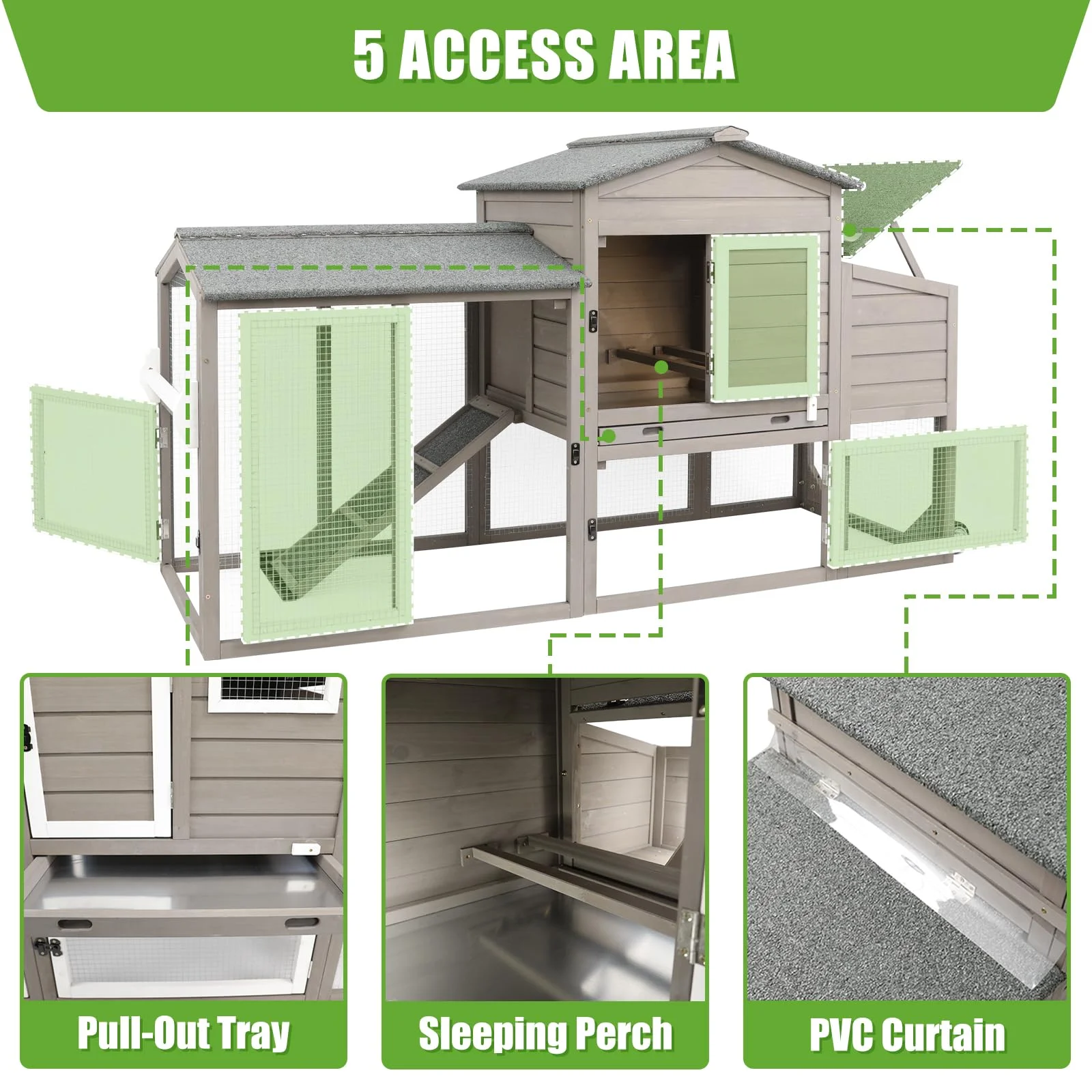 PetsCosset Large Chicken Coop with Wheels, Backyard Wooden Hen House Outdoor for 2-3 Chickens, 2 Story Poultry Cage Chicken Coop and Run, Nesting Box, Pull Out Trays, for Small Animals Rabbit Duck
