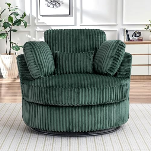 Chair and A Half with Ottoman, 360° Swivel Accent Barrel Chair Modern Comfy Round Reading Sofa Swivel Chairs Circle Lounge Chair for Bedroom Living Room w/4 Pillow Lower Seating Heigh (White, Large)
