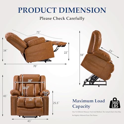 Large Power Lift Chairs Recliners for Elderly with Heated and Massage, Overstuffed Adjustable Lift Chairs, 3 Positions, Breathable Leather, USB-A and USB-C, Cup Holder, Side Pocket Dark Brown