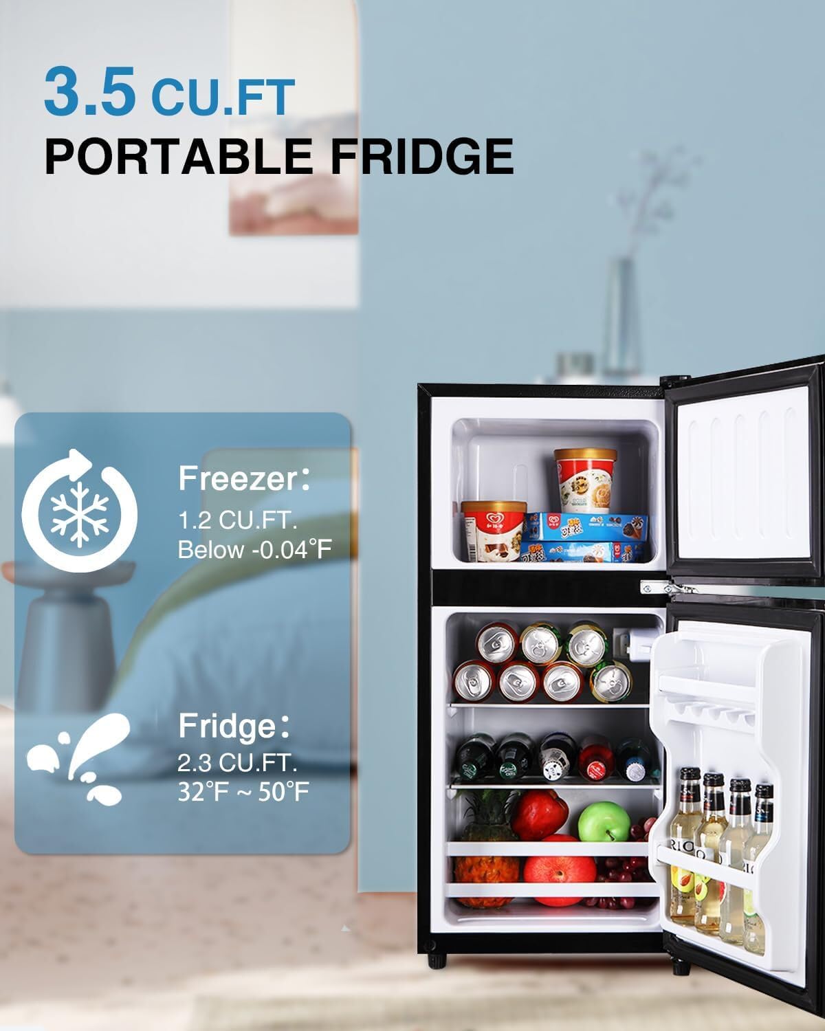 3.5 Cu Ft Mini Refrigerator with Freezer, 7-Level Adjustable Thermostat, Compact Refrigerator for Office, Dorm, Apartment, Black
