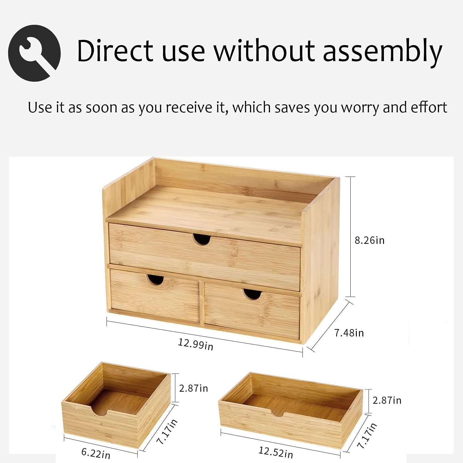Wisdture Mini Storage Box with Drawers,Practical Office Storage Bins,Bamboo Desk Sets and Accessories Suitable for Office,Bedroom,Dressing Table,Large Desk Organizer(3 Drawer with Tall Drawer)