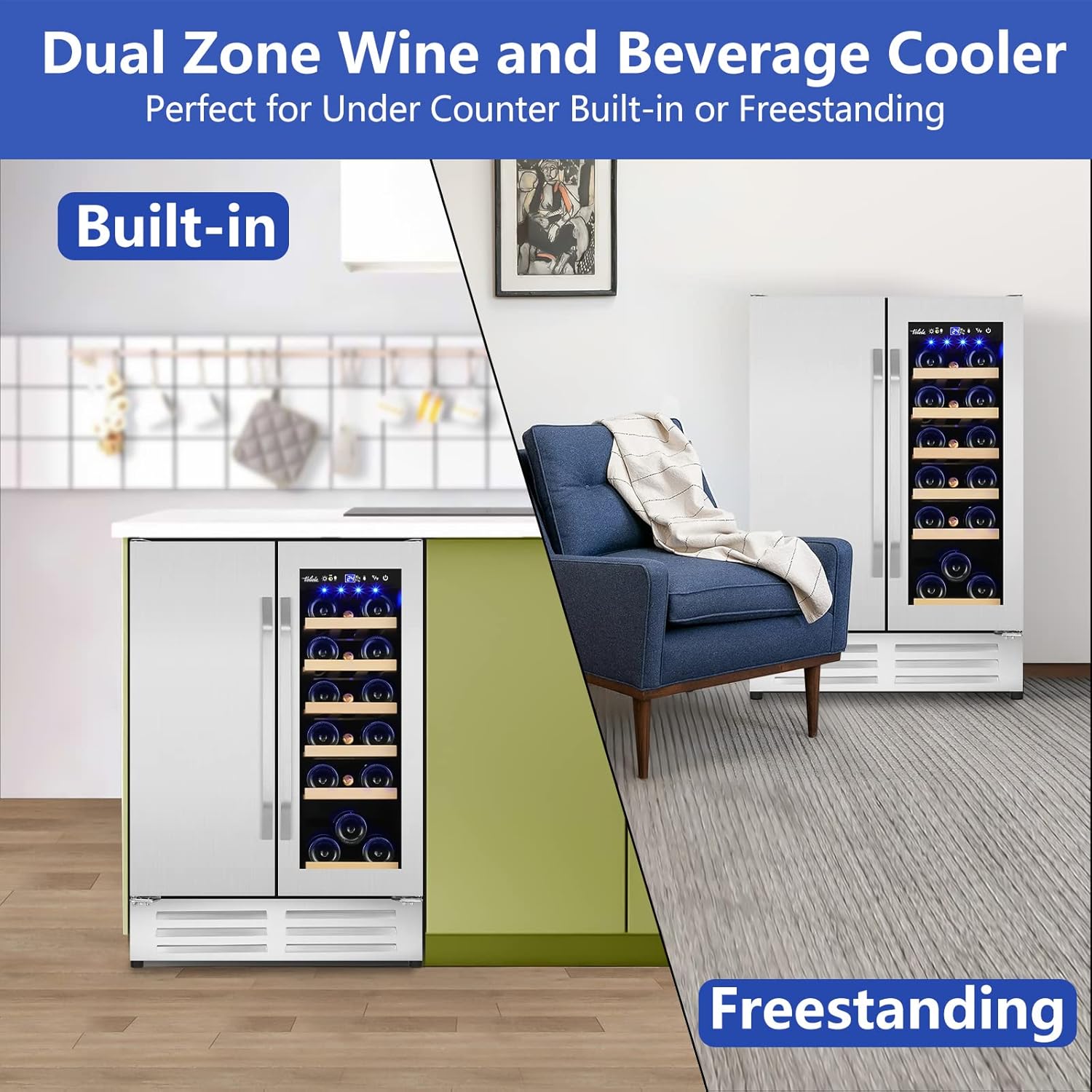 Outdoor Wine and Beverage Refrigerator,24 Inch Dual Zone Wine Beverage Cooler, Built-in/Freestanding Beer and Wine Fridge with a Powerful Compressor, 20 Bottles and 88 Cans Capacity