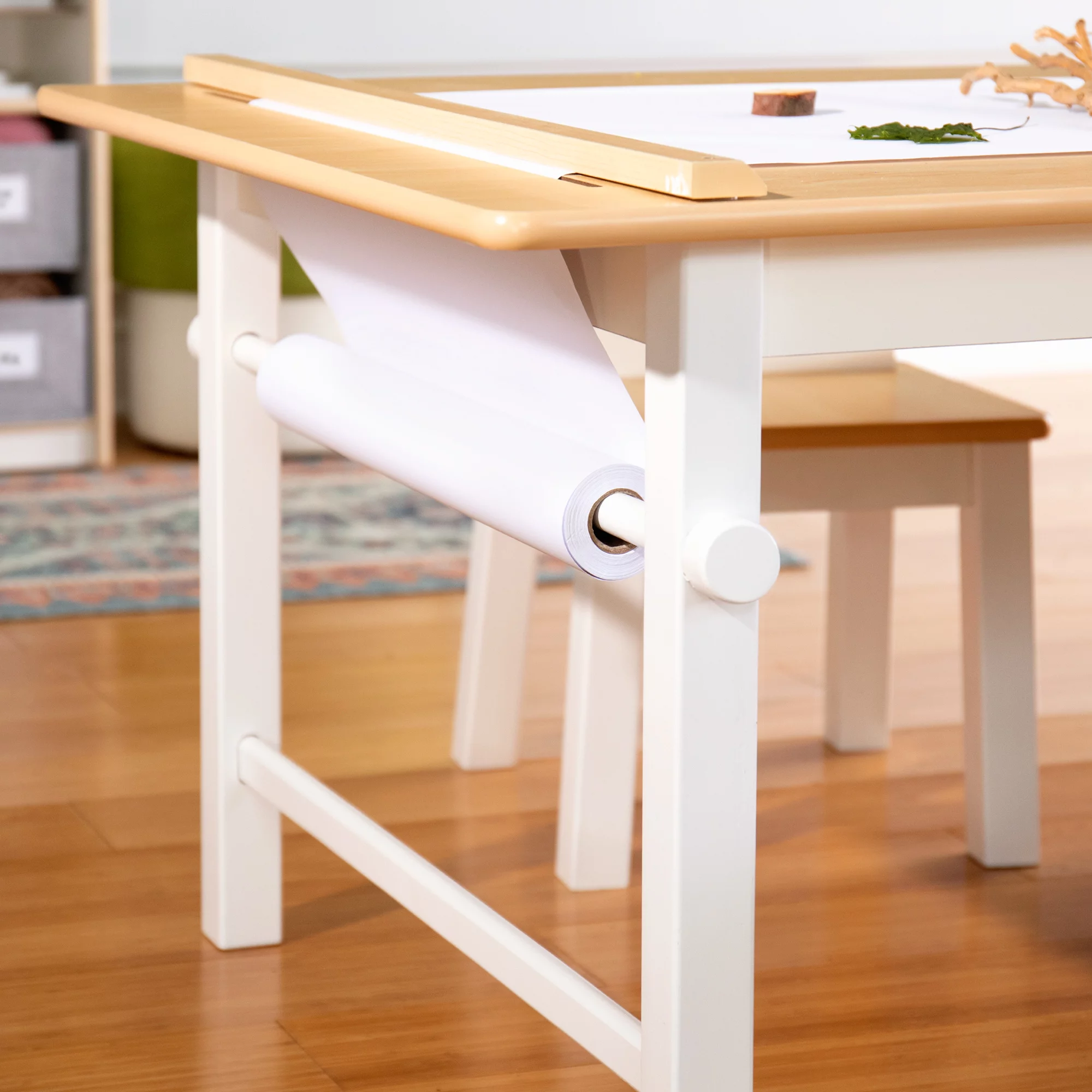 Guidecraft Arts and Crafts Center: Kids Activity Table and Drawing Desk with Stools, Storage Canvas Bins, Paper Roller, and Paint Cups | Toddlers Work Station - Children's Wooden Learning Furniture