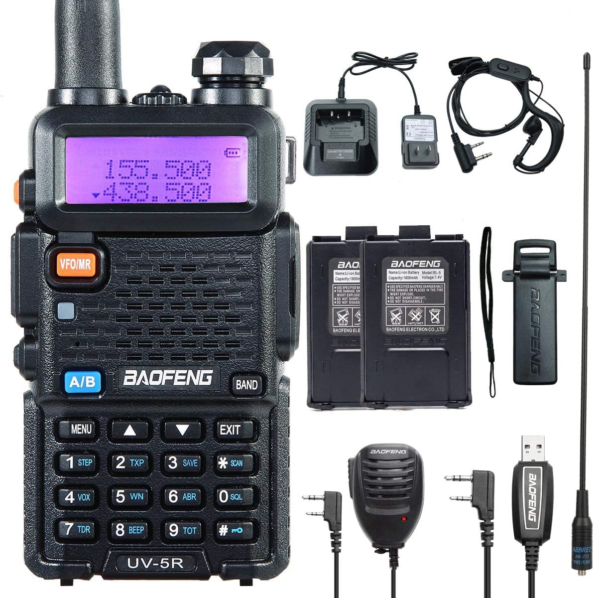 BaoFeng UV-5R Ham Radio Handheld 2-Way Radio with More 3800mAh Battery Programming Cable 18.8Inch Tactical Antenna and Tube Earpiece Handheld MIC Full Kit Pack of 2