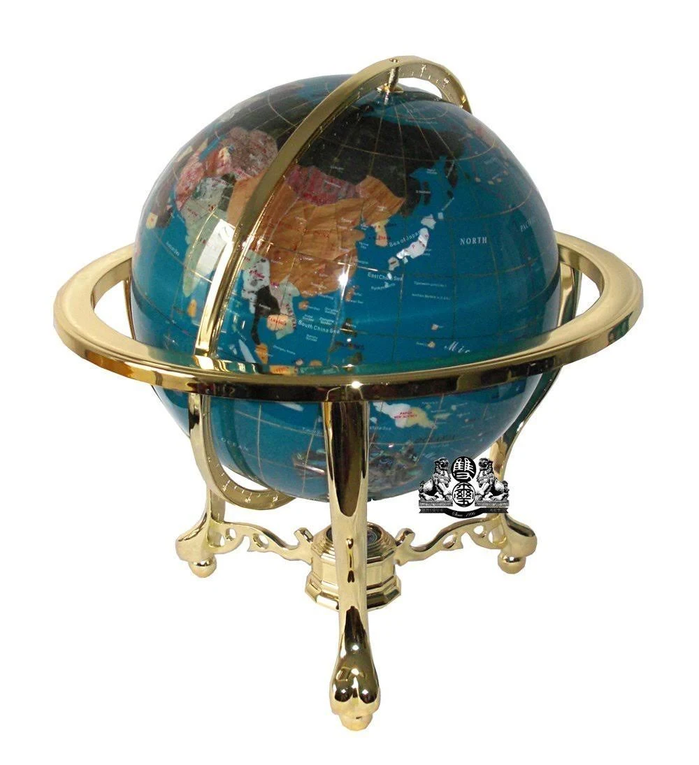 Unique Art 21-Inch Tall Turquoise Blue Ocean Table Top Gemstone World Globe with Gold Tripod