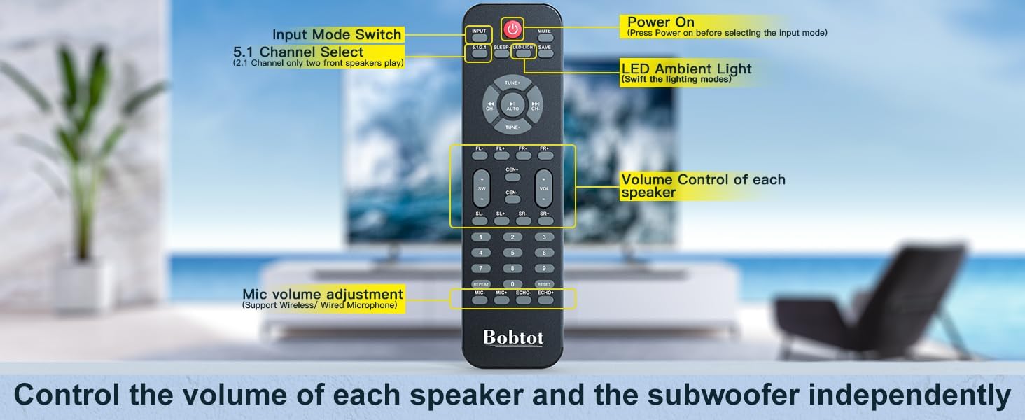 Bobtot Home Theater Systems Surround Sound System for TV - 1000W 8" Subwoofer with Bluetooth HDMI Optical AUX COA Input RGB Lights Deep Bass 5.1/2.1 Stereo Sound Wired Satellite Speakers