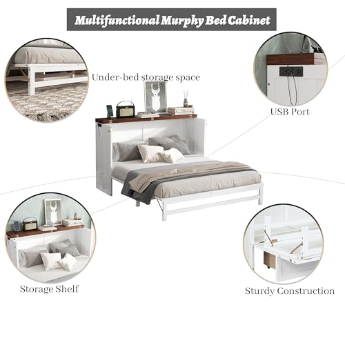 Queen Murphy Bed Cabinet, Murphy Bed Queen with Storage Drawer & Charging Station, USB Port, Solid Pine Wall Beds for Home Office, Studio or Guest Room, White