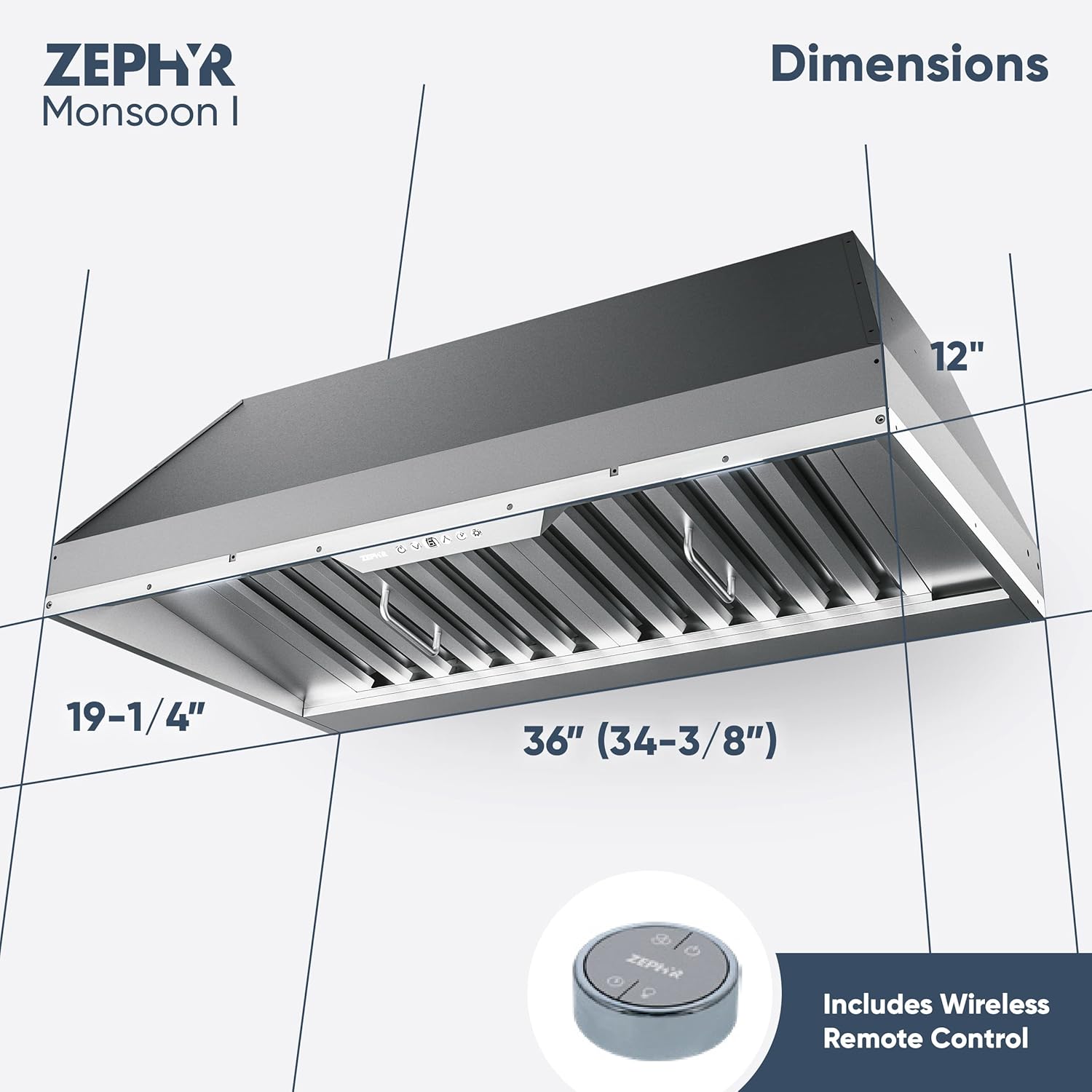 Zephyr 36 inch Essentials Power Monsoon I Ducted/Ductless Built In/Insert Range Hood - 600 CFM Powerful Kitchen Cabinet Vent Hood - Airflow Control and Stainless Steel Filter, LED Lights AK9234BS