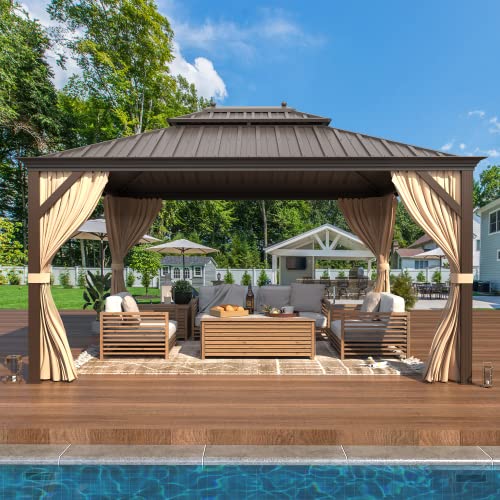 YOLENY 10' x 12' Hardtop Gazebo, Wood-Looking Gazebo with Galvanized Steel Double Roof, Aluminum Frame, Permanent Metal Pavilion with Netting and Curtains for Deck, Backyard, Patio and Lawns