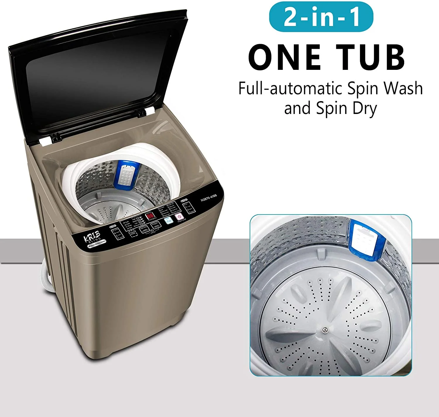 Full-Automatic Washing Machine 15.6 lbs Krib Bling Portable Compact Laundry Washer with Drain Pump