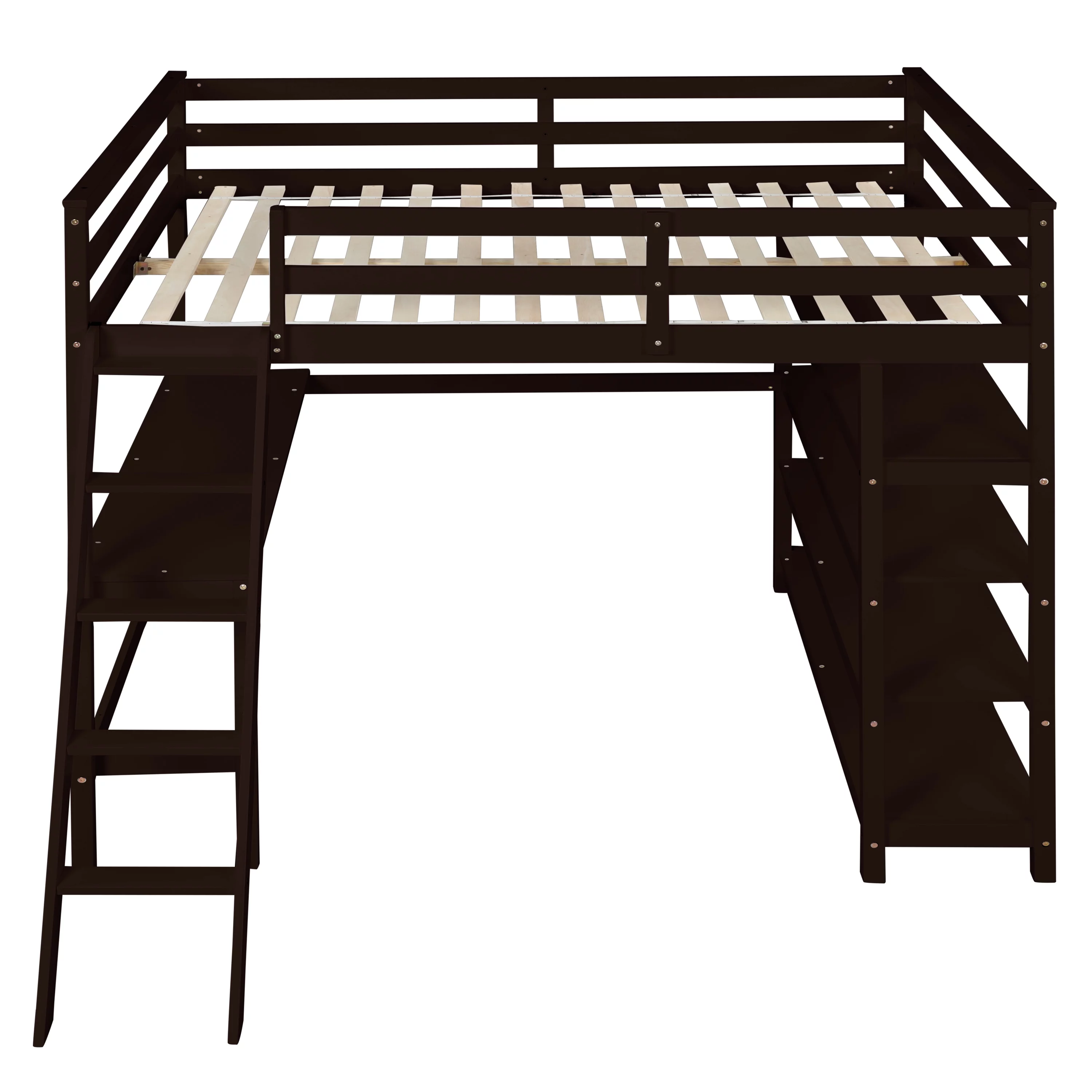 Wooden Full Loft Bed with Desk, Full Size Bunk Bed with 4 Tier Storage Shelves, Workstation Desk, Safety Rail, Wider Ladder for Kids Teens Adults, Space Saving Design, No Spring Box needed, Espresso
