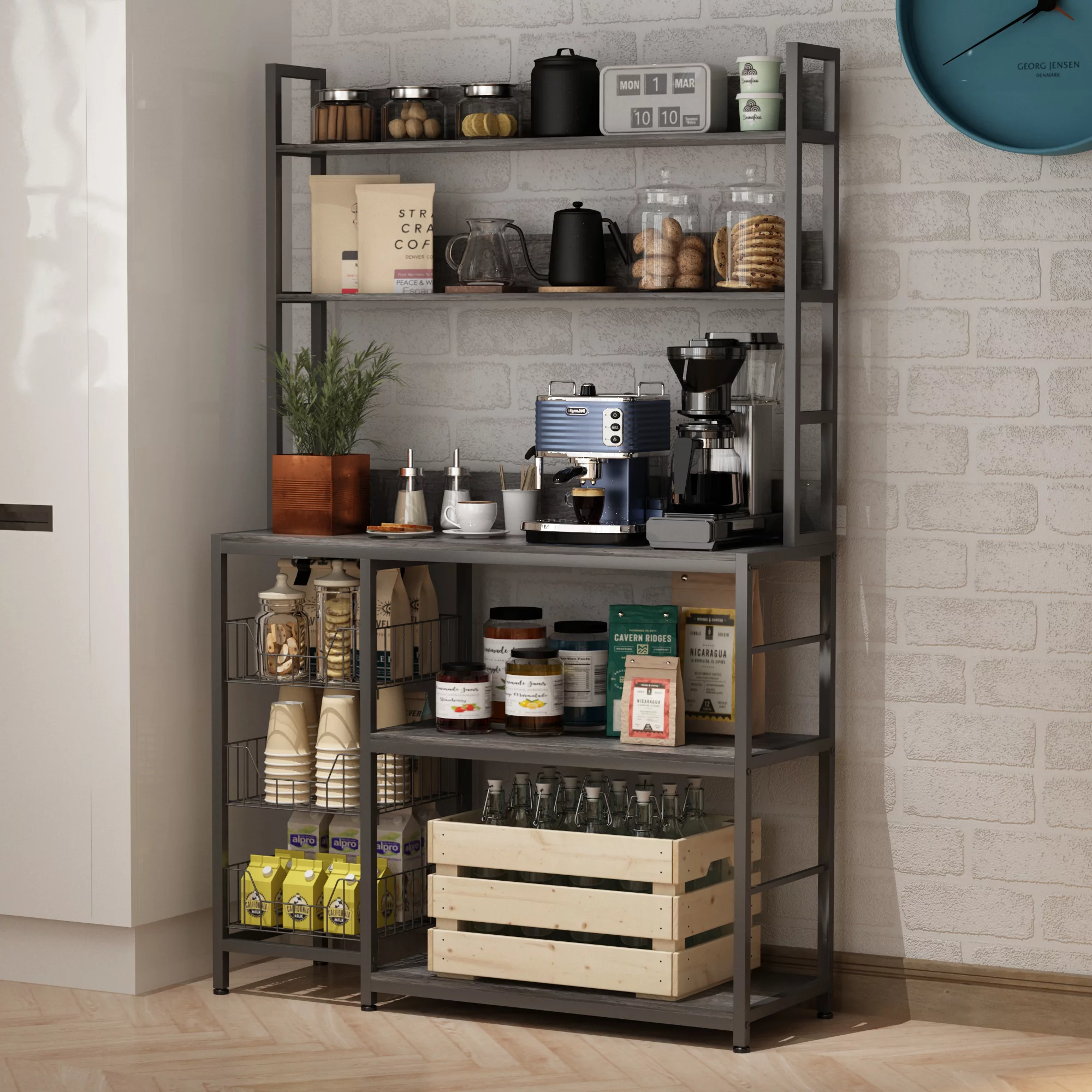 NAIYUFA Kitchen Bakers Rack with Baskets,5-Tier Utility Storage Wood Shelf with Hooks, Microwave Oven Stand Rack,Vintage Grey