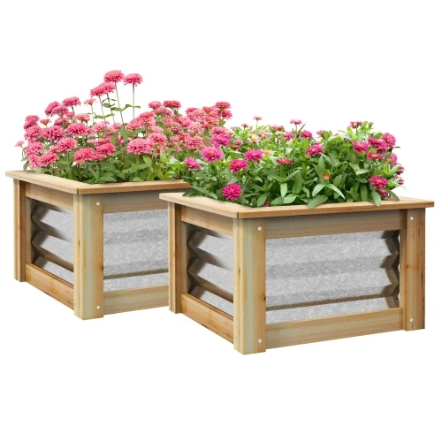 Buumin Outsunny Raised Garden Bed Set of 2, Outdoor Planter Box, Galvanized Metal Reinforced with Wood, Stock Tanks for Growing Flowers, Herbs and Vegetables - Curated Treasures Market