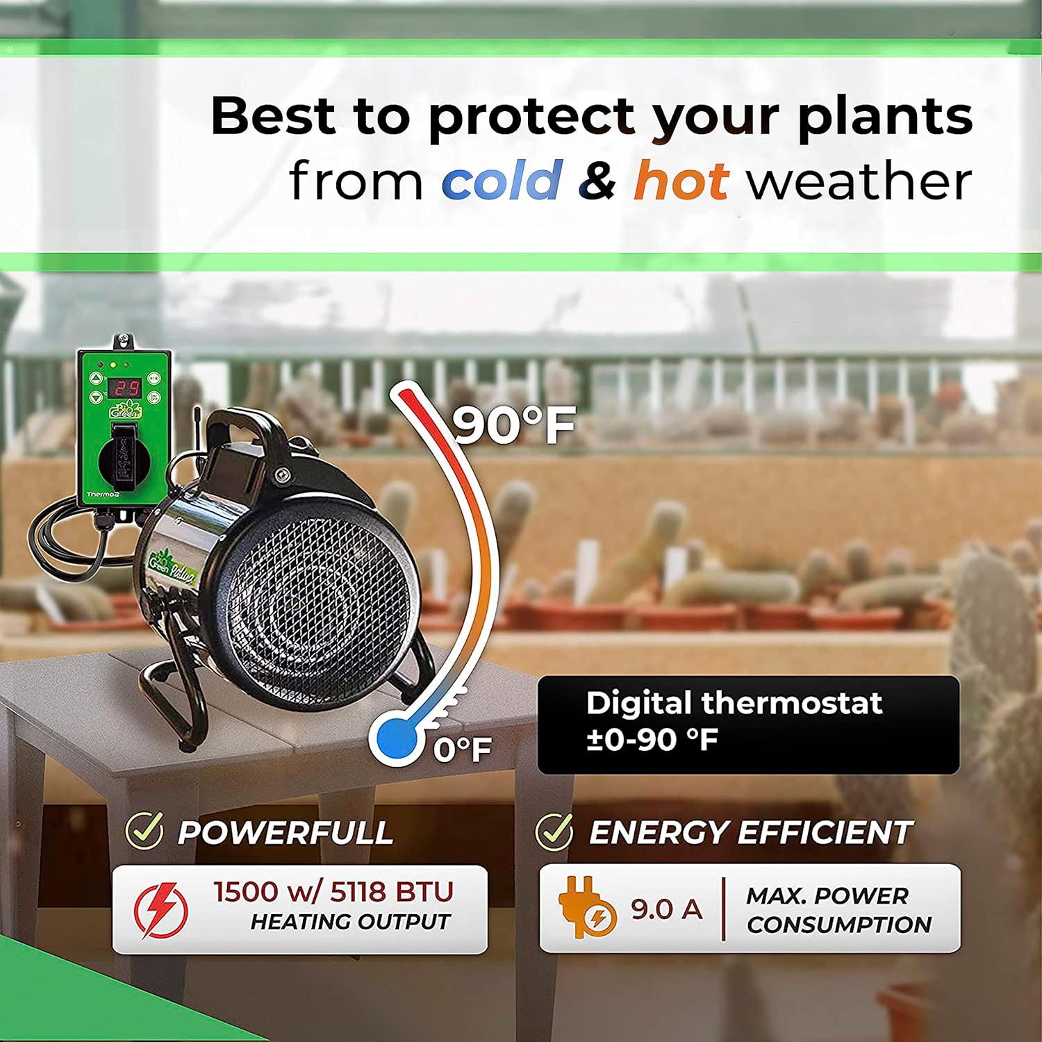 PAL 2.0/USDT Palma Greenhouse Heater with Thermostat - Fast Heating, Grow Tent Heater, Greenhouse Fan, Outdoor Heater & Electric Garage Warmer - 11”x 8”x12.5" - 110v Heater -2 Years Warranty