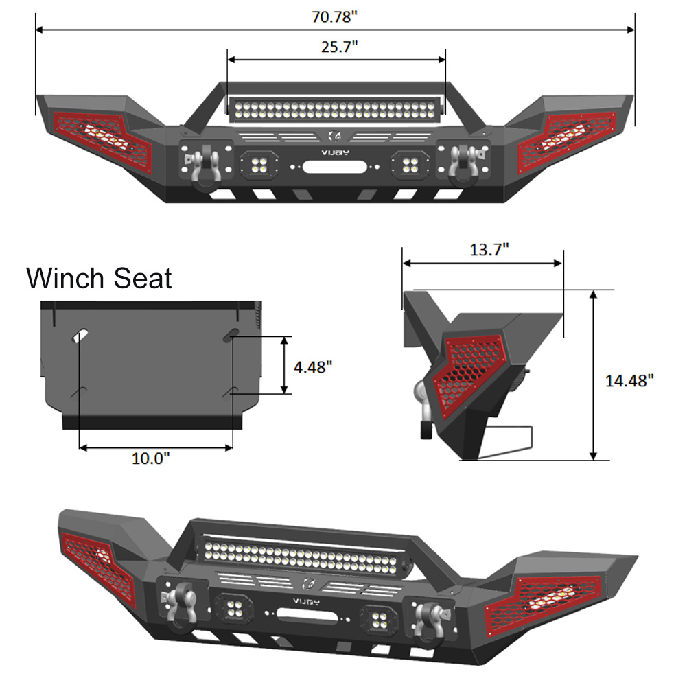 Vijay Fits 2020-2023 Jeep Gladiator JT Steel Front Bumper with 9500IBs Winch Seat