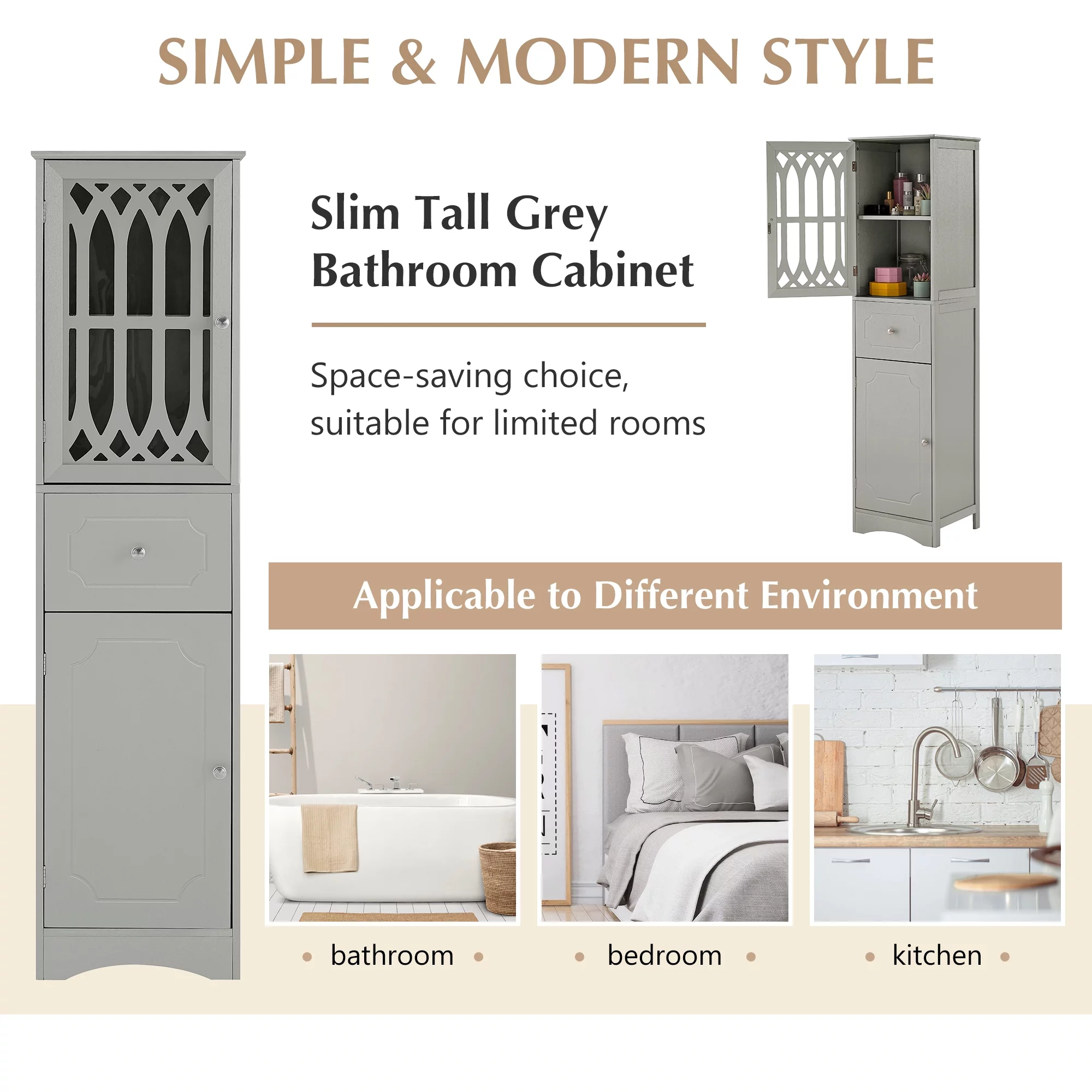 Modern Tall Bathroom Storage Cabinet with Doors Drawers, Wood Floor Freestanding Organizer for Bedroom Living Room