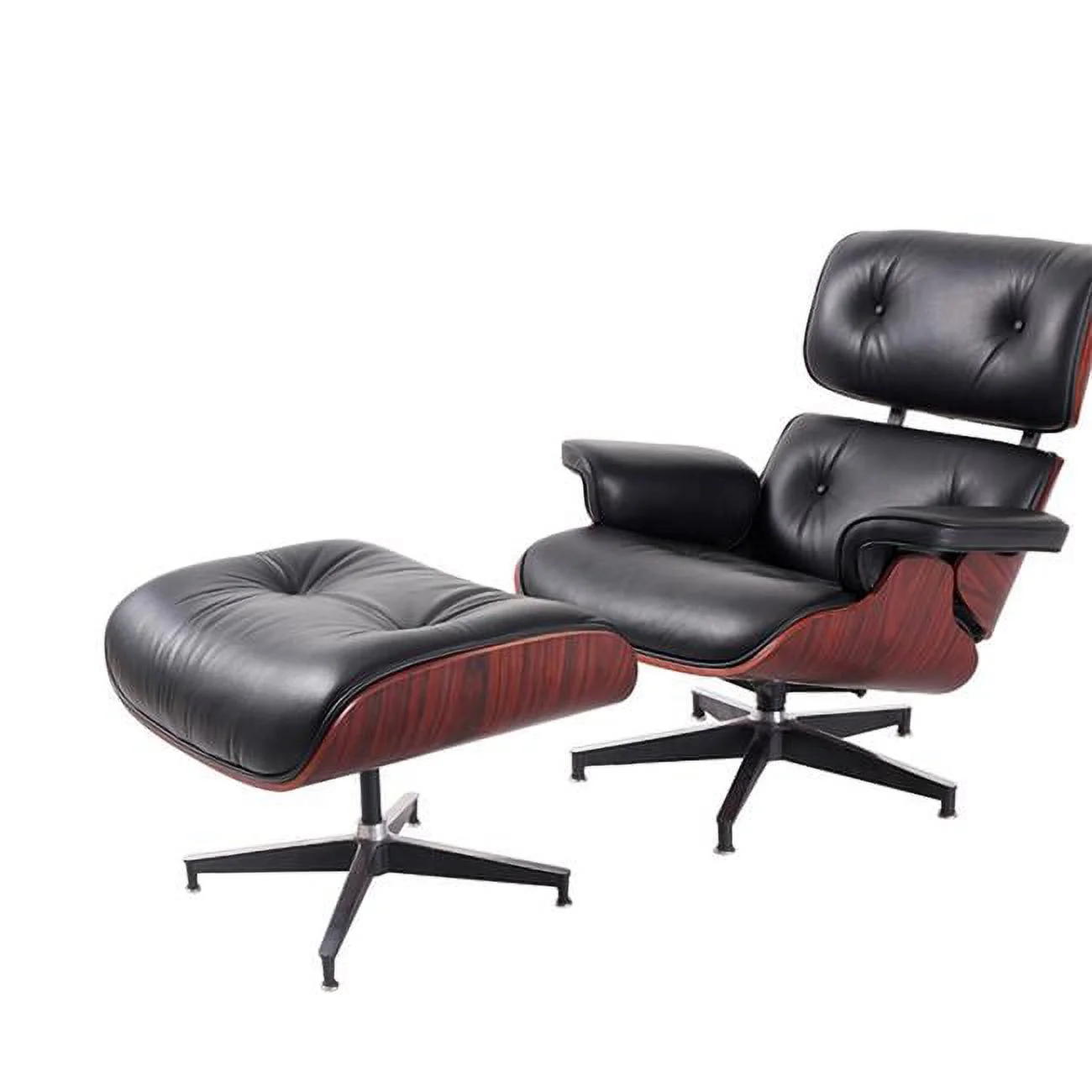 33 x 34.6 x 34.2 in. Black Tufted Leather & Dark Brown Swivel Lounge Chair with Ottoman