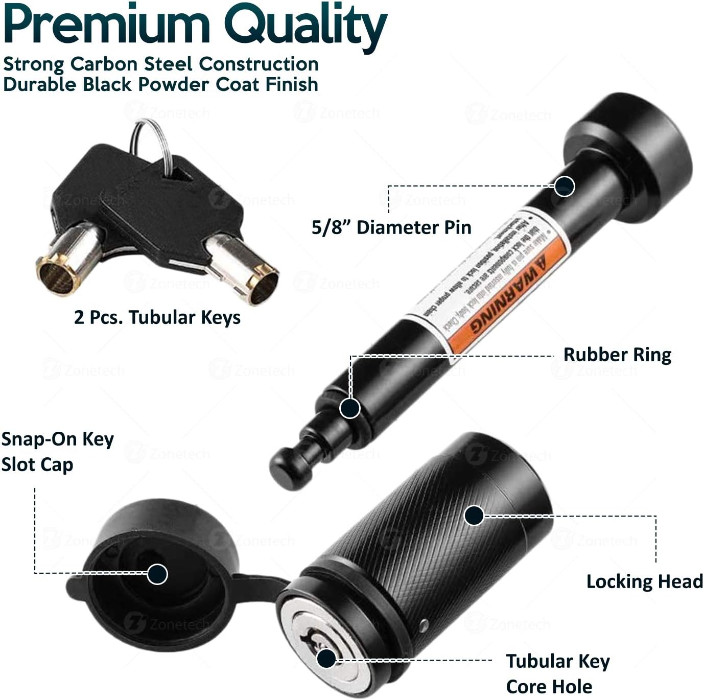 Zone Tech Trailer Hitch Receiver Lock - Premium Quality Anti-Theft 5/8 Pin for Class III IV 2 and 2-1/2 Receiver with Rubber Cap - Durable Metal Weatherproof Receiver-for Tow Trailer, Car, Boat