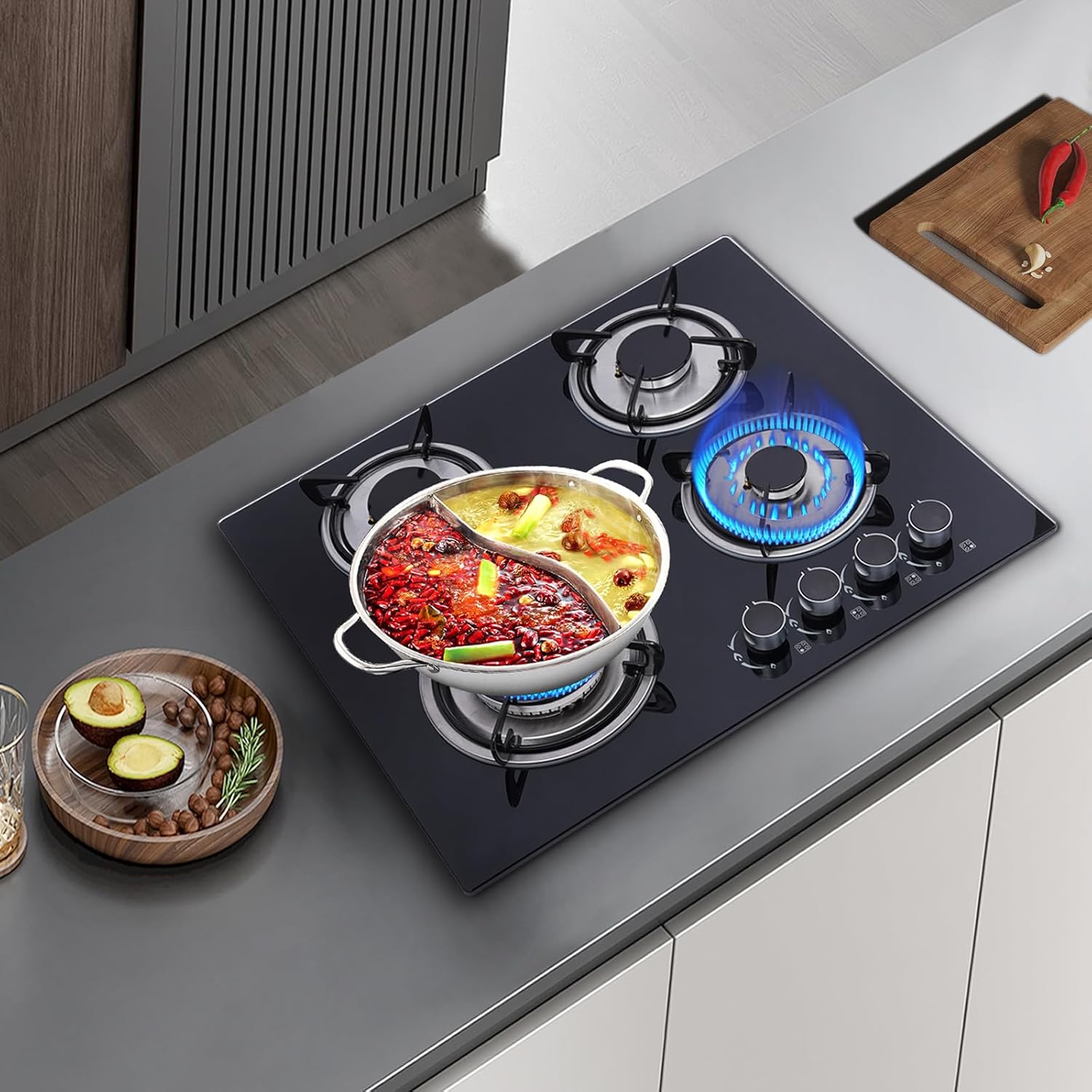 23'' Gas Stove Cooktop, Built in Gas Cooktop 4 Burners Stainless Steel Stove, LPG/NG Kitchen Cooker Thermocouple Protection, Easy to Clean Tempered Glass LPG/NG Gas Cooktop
