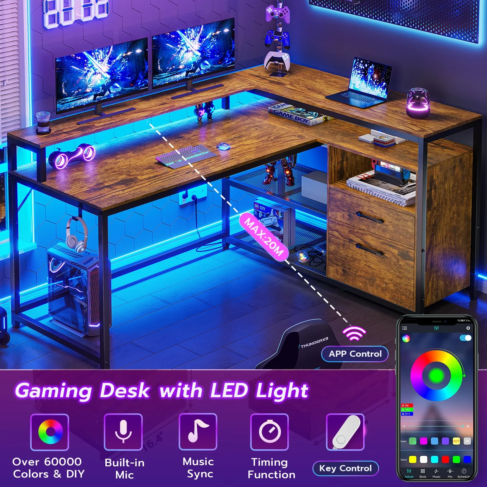 Brown L Shaped Cpomputer Desk with LED Lights and Printer Storage Shelves,55" Home Office Desk with 2 Drawers,Morden Gaming Desk