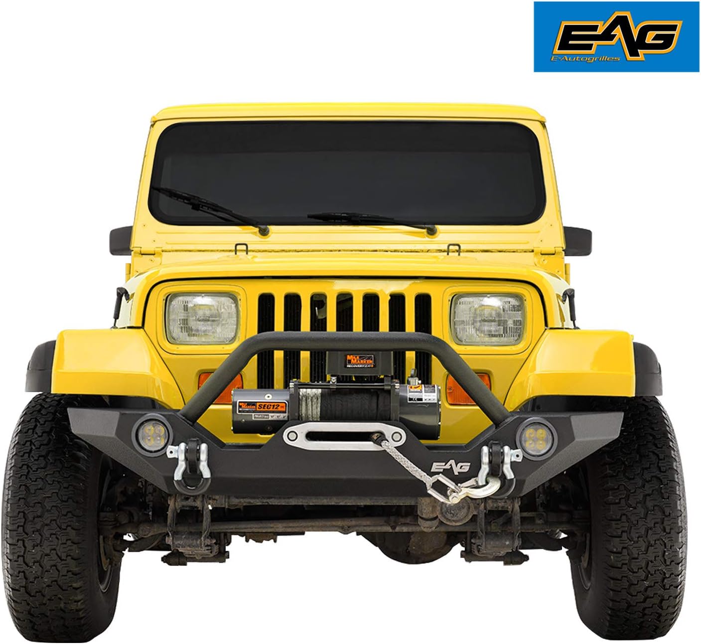 EAG Front LED Bumper and Rear Bumper with Assembled Tire Carrier Fit for 87-06 Wrangler TJ YJ