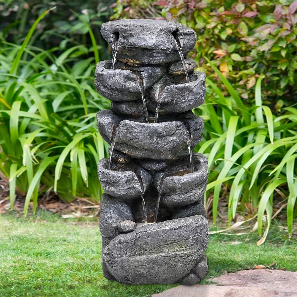 Stacked Rock Fountain with LED Lights - Outdoor Water Fountains Cascading Floor Water Feature Art Decor for Garden,Pation, Deck, Porch