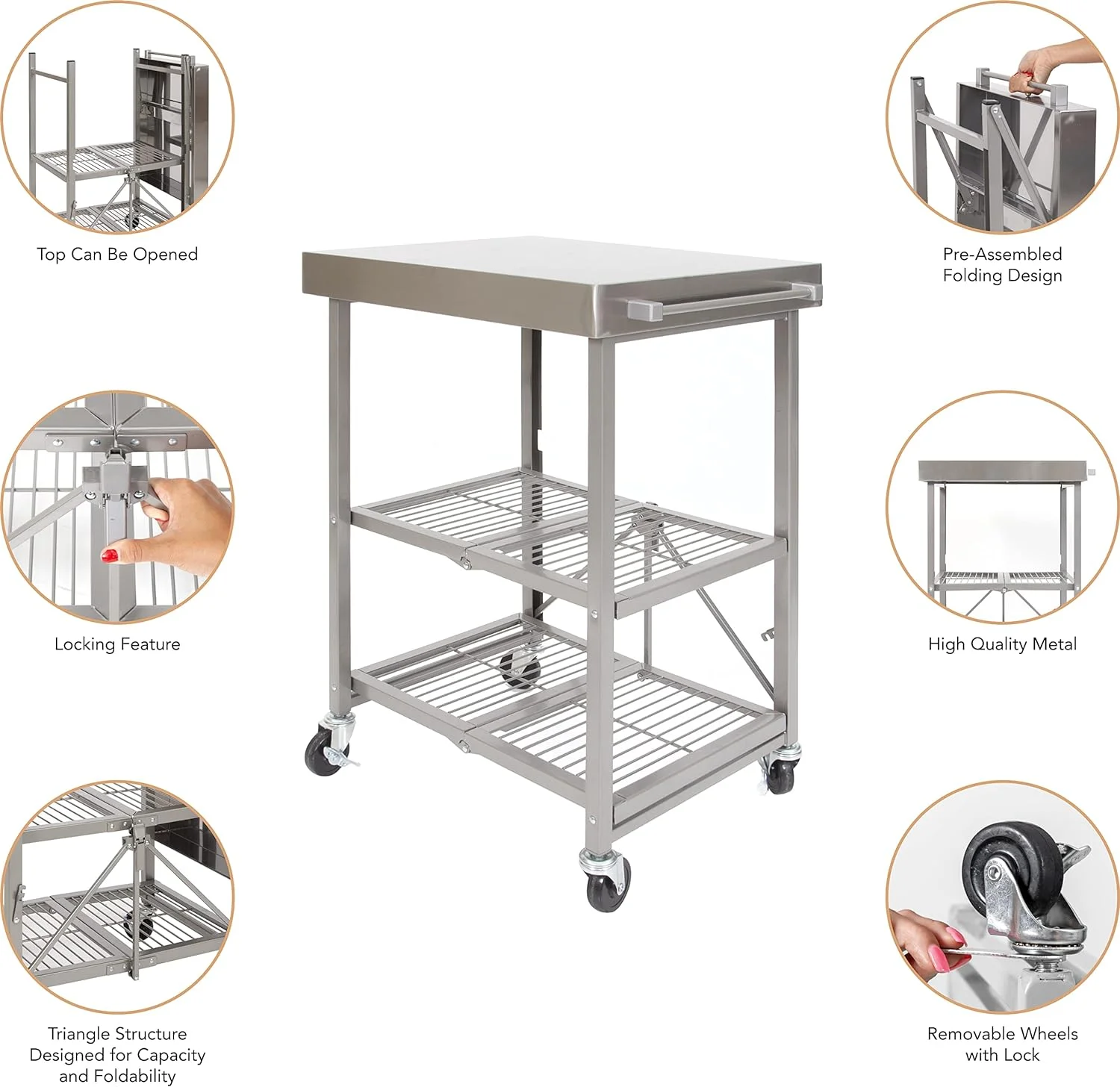 Stainless Steel Table With Wheels, 3-Tier Foldable Rolling Cart Made Of -Grade Metal - Stainless Steel Kitchen Island Design For Chefs Food Prep