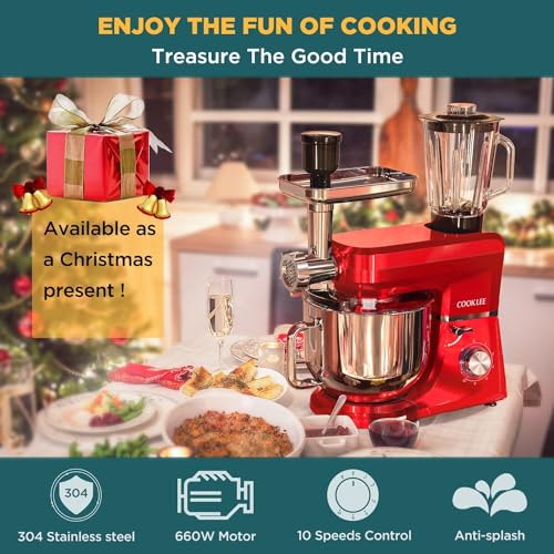 COOKLEE 6-IN-1 Stand Mixer, 8.5 Qt. Multifunctional Electric Kitchen Mixer with 9 Accessories for Most Home Cooks