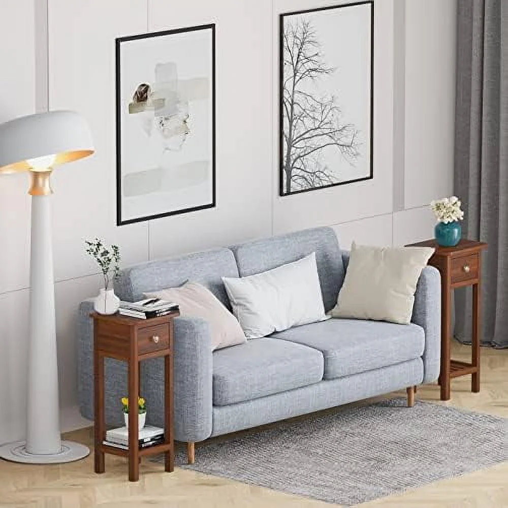 NLIBOOMLife Narrow End Table  Tall Nightstands Set of 2 with Drawer &amp;   Slim Bedside Tables w/Anti-Tipping Device  No Assembly  Wooden Small  for Small Space  Living Room  Bedroom  Na