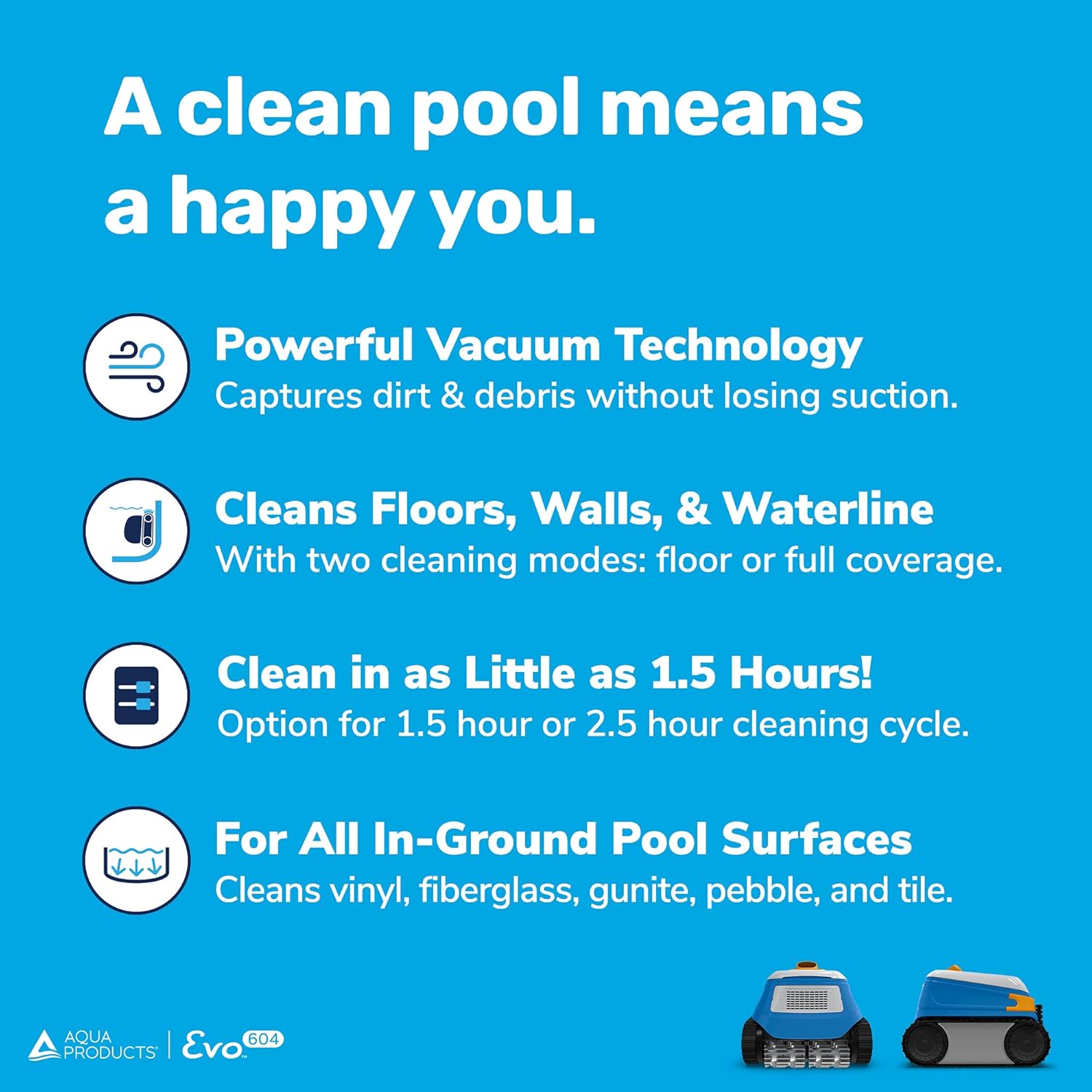 Aqua Products Evo604 Robotic Pool Cleaner, Automatic Vacuum for Inground Pools up to 50ft, 60ft Cable with Swivel, Wall Climbing Vac w/Strong Suction & Easy to Clean Top Loading Filter