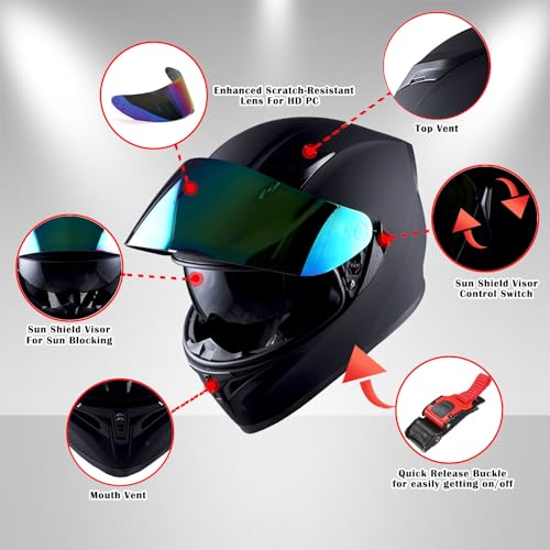 1Storm Motorcycle Full Face Dual Visor Helmet Bundle with Spoiler and Motorcycle Bluetooth Headset: HJK316 Matt Black
