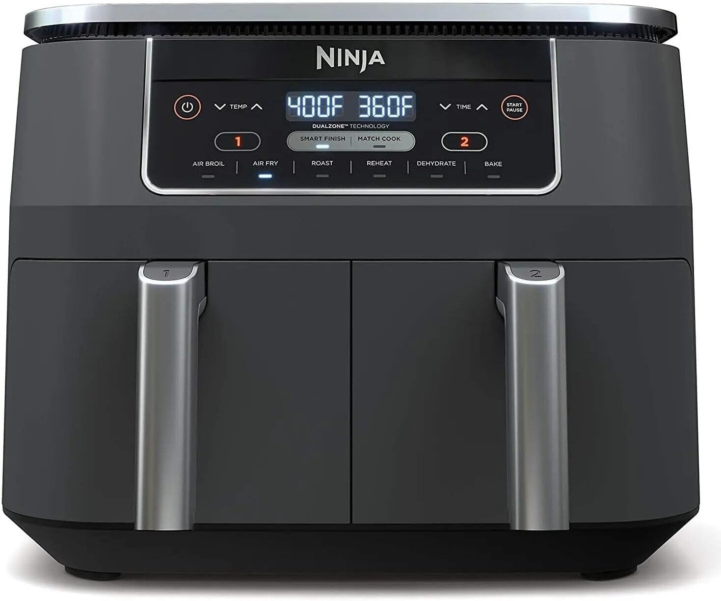 Ninja DZ201 Foodi 8 Quart 6-in-1 DualZone 2-Basket Air Fryer with 2 Independent Frying Baskets, Match Cook & Smart Finish to Roast, Broil, Dehydrate & More for Quick, Easy Meals, Grey