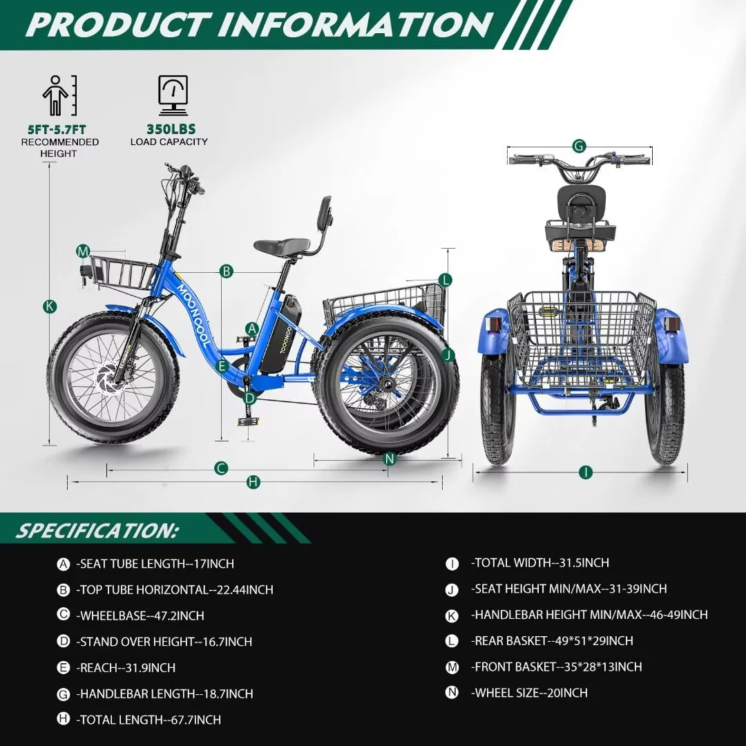 NAIZEA 20 Electric Trike Tricycle for Adults, 7 Speed Fat Tire Electric Trike, 3 Wheels Bike for Adults with Front and Rear Baskets, Lithium Battery UL Certified