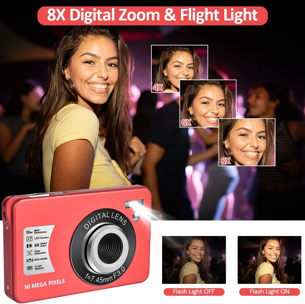 30 MP Digital Camera HD Mini Pocket Camera Cheap Camera 2.7 Inch LCD Screen Camera with 8X Digital Zoom Compact Cameras for Adult, Kids, Beginners with 32GB SD Card and 2 Batteries Pack of 2