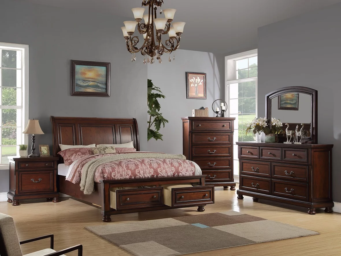 Antique Sleigh HB Storage FB Bed Bedroom Cherry Veneer Wooden 1pc Queen Size Bed MDF Pine Formal Bedframe