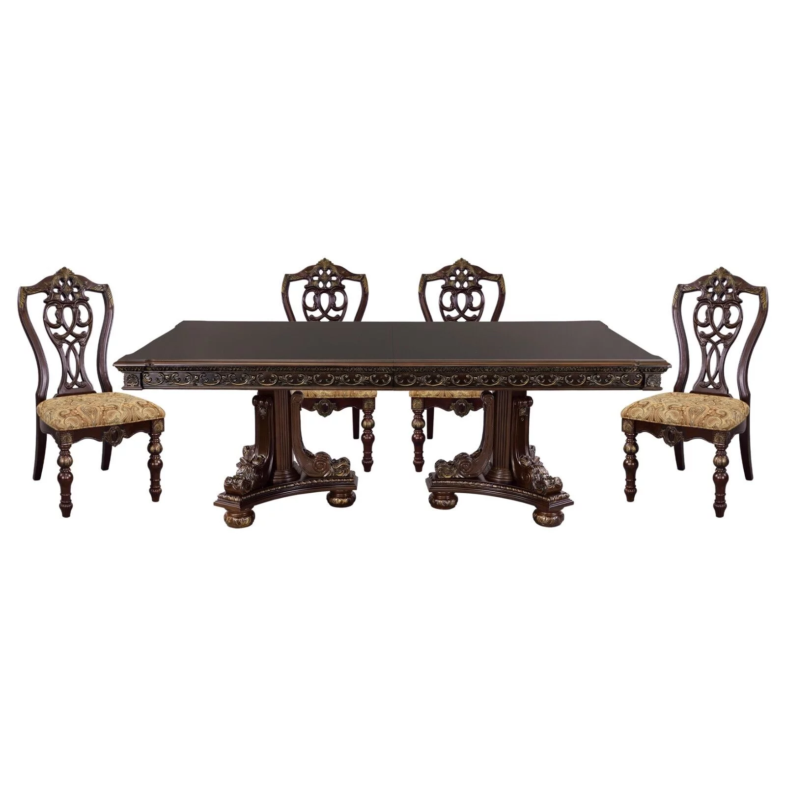 Formal Traditional Dark Cherry Finish Dining Set 5pc Dining Table 4 Side Chair 2x Extension Leaves Gold Tipping