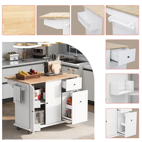 LUMISOL Kitchen Cart with Wood Top, Rolling Kitchen Island Cart with Spice Rack, Towel Rack and 4 Drawers, Storage Cabinet with Open Shelves and Door
