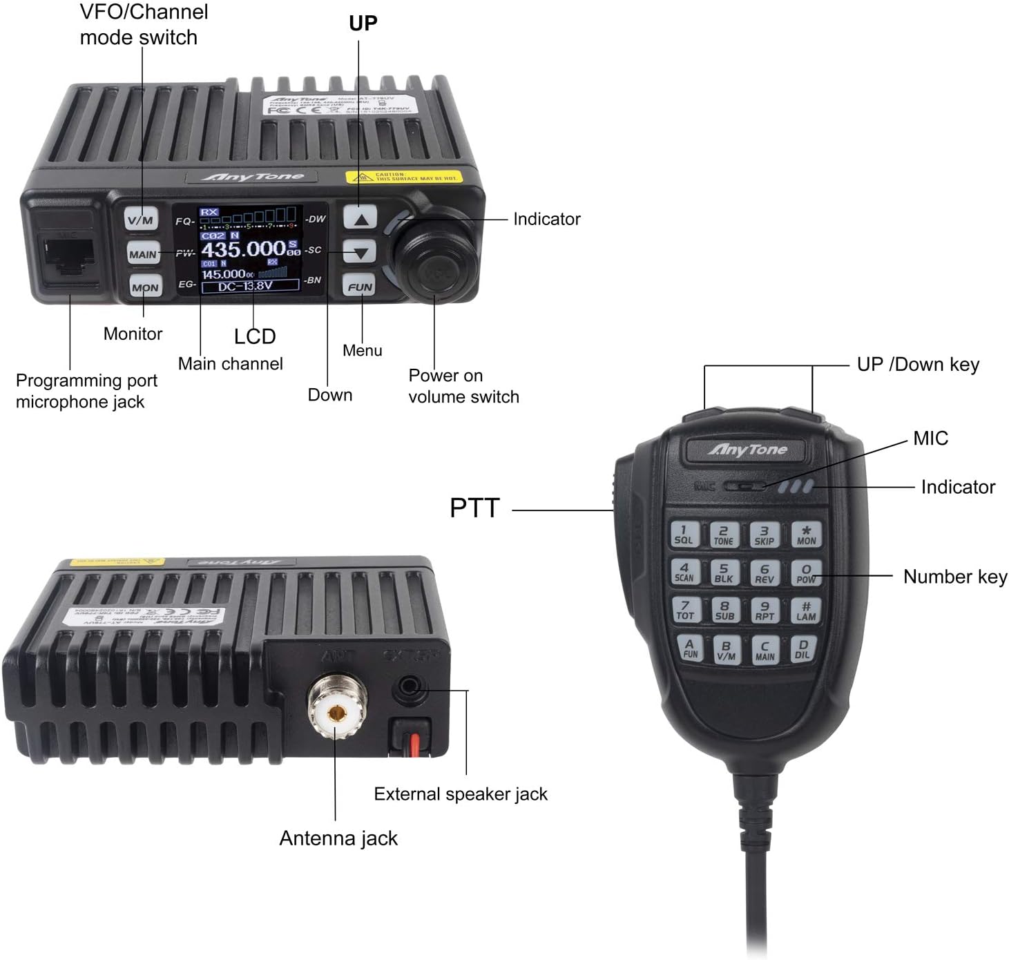 AnyTone Mini Size Dual Band Transceiver Mobile Radio VHF/UHF Two Way Radio AT-779UV for Car Vehicle