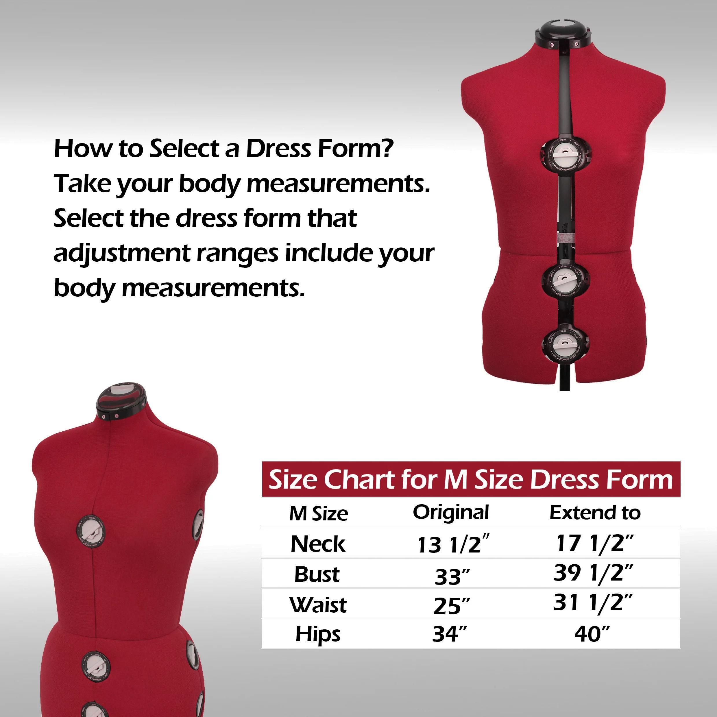 GEX 13 Dials Female Fabric Adjustable Mannequin Dress Form for Sewing, Mannequin Body Torso with Stand, Up to 70" Shoulder Height Red (Large)