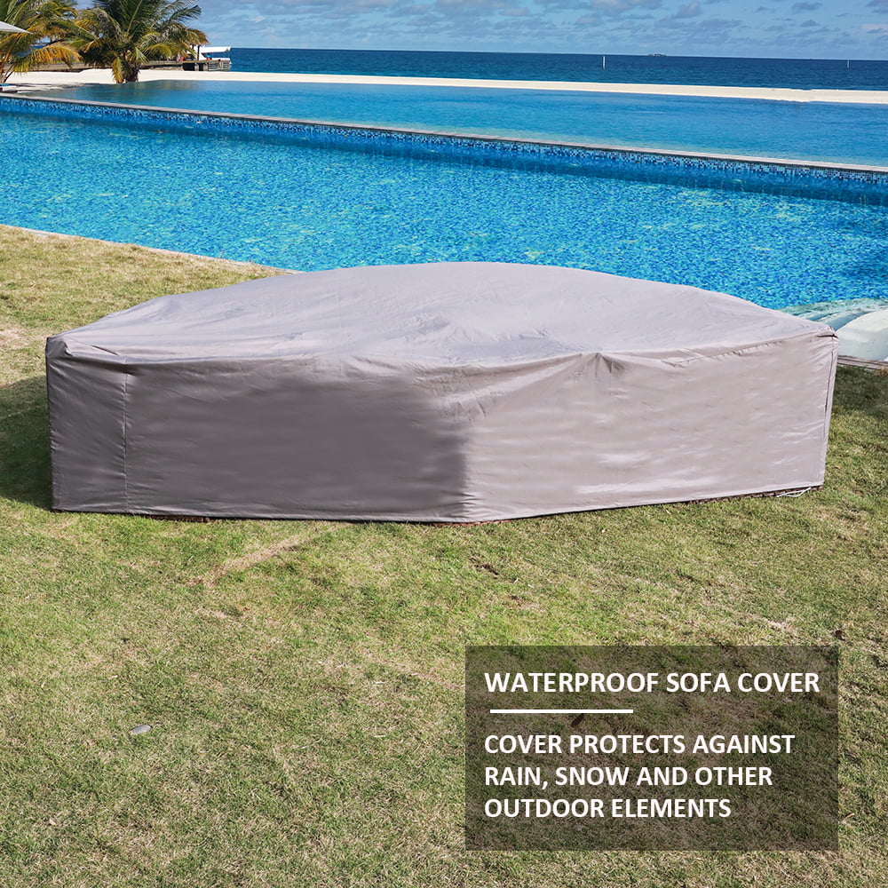 Outdoor Sectional Half-Moon Curved Sofa Set, 7-Piece Brown All Weather PE Wicker Sectional Furniture Set with Round Coffee Table and Side Tables, 4 Pillows & Waterproof Cover Included, Beige Cushion