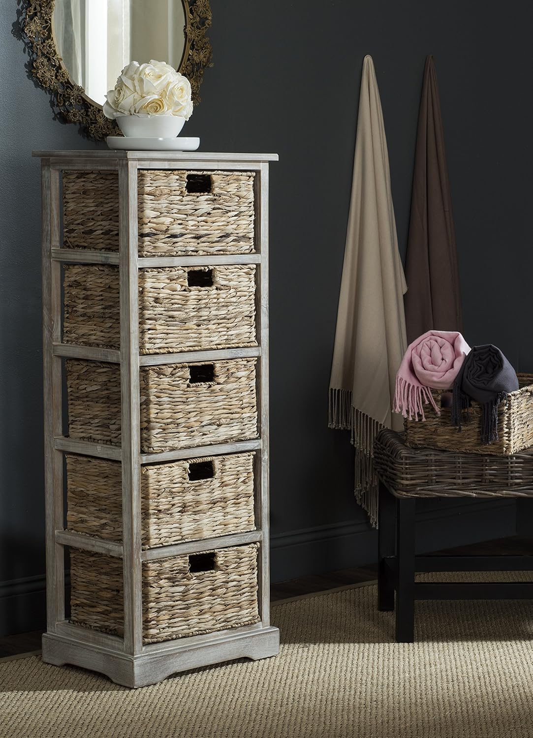 Safavieh American Homes Collection Vedette Distressed Black 5 Wicker Basket Storage Tower