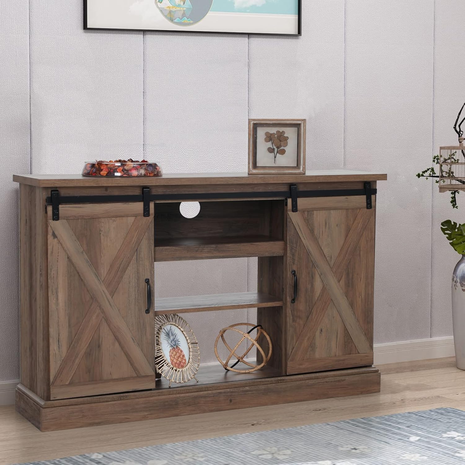 Sophia & William Farmhouse Electric Fireplace TV Stand for TV's Up to 65, Accent Decorative Barn Door Storage Cabinet Chest with 23 Insert Fireplace for Living Room Bedroom Home Office, Burlywood