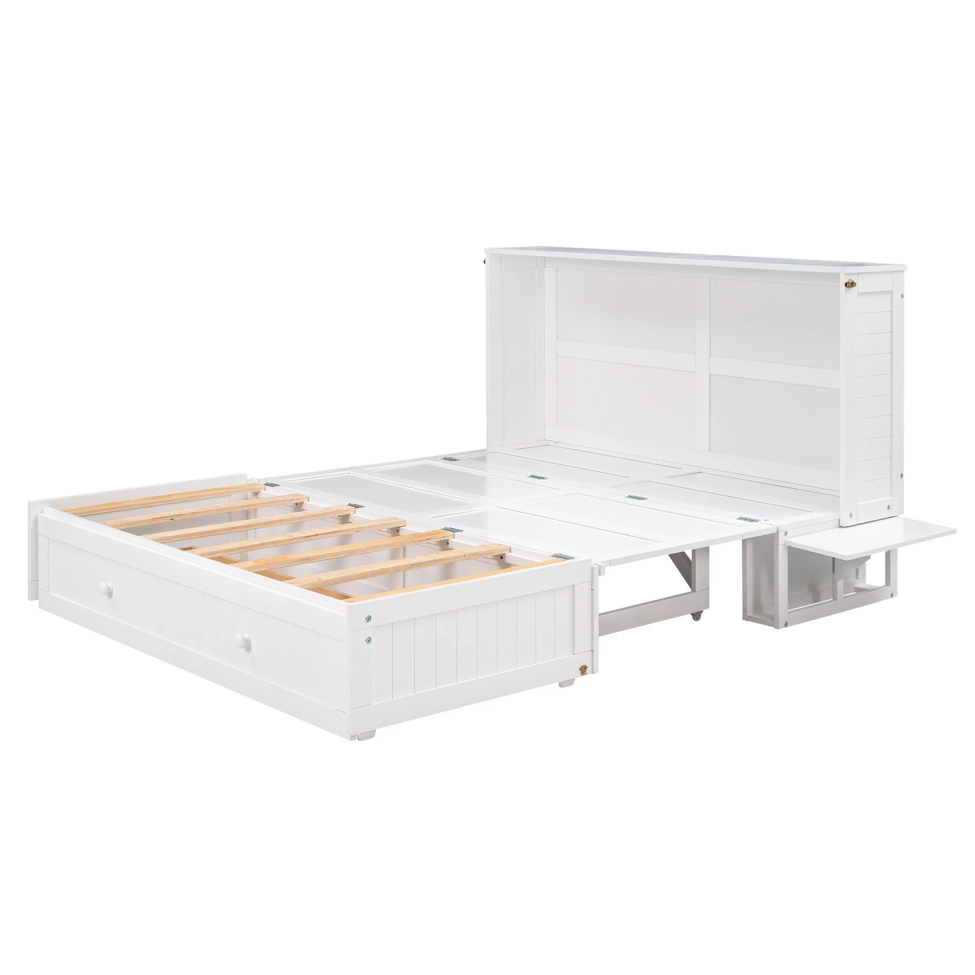 Bellemave Murphy Cube Cabinet Bed with Storage Drawer, Wood Queen Size Murphy Bed Cabinet with Side Little Shelves, Easy Fold Bed Frame for Guest Room, Home, Office (White)