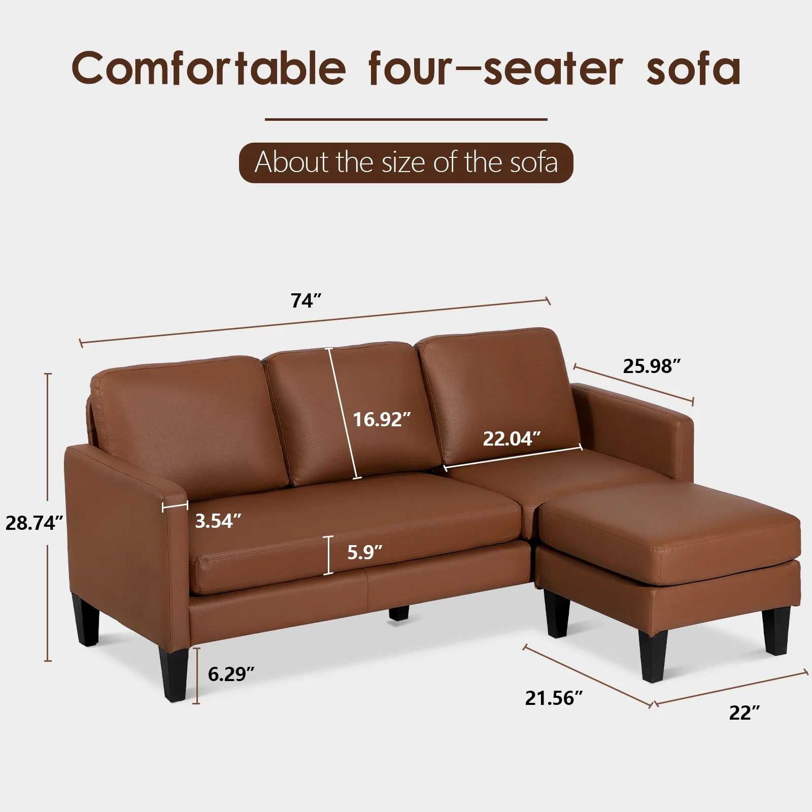 Haverchair Faux Leather Sectional Sofa, L Shaped Sofa with Reversible Chaise Convertible Sectional Couch 3-Seater Modern Small Couches for Small Space,Brown