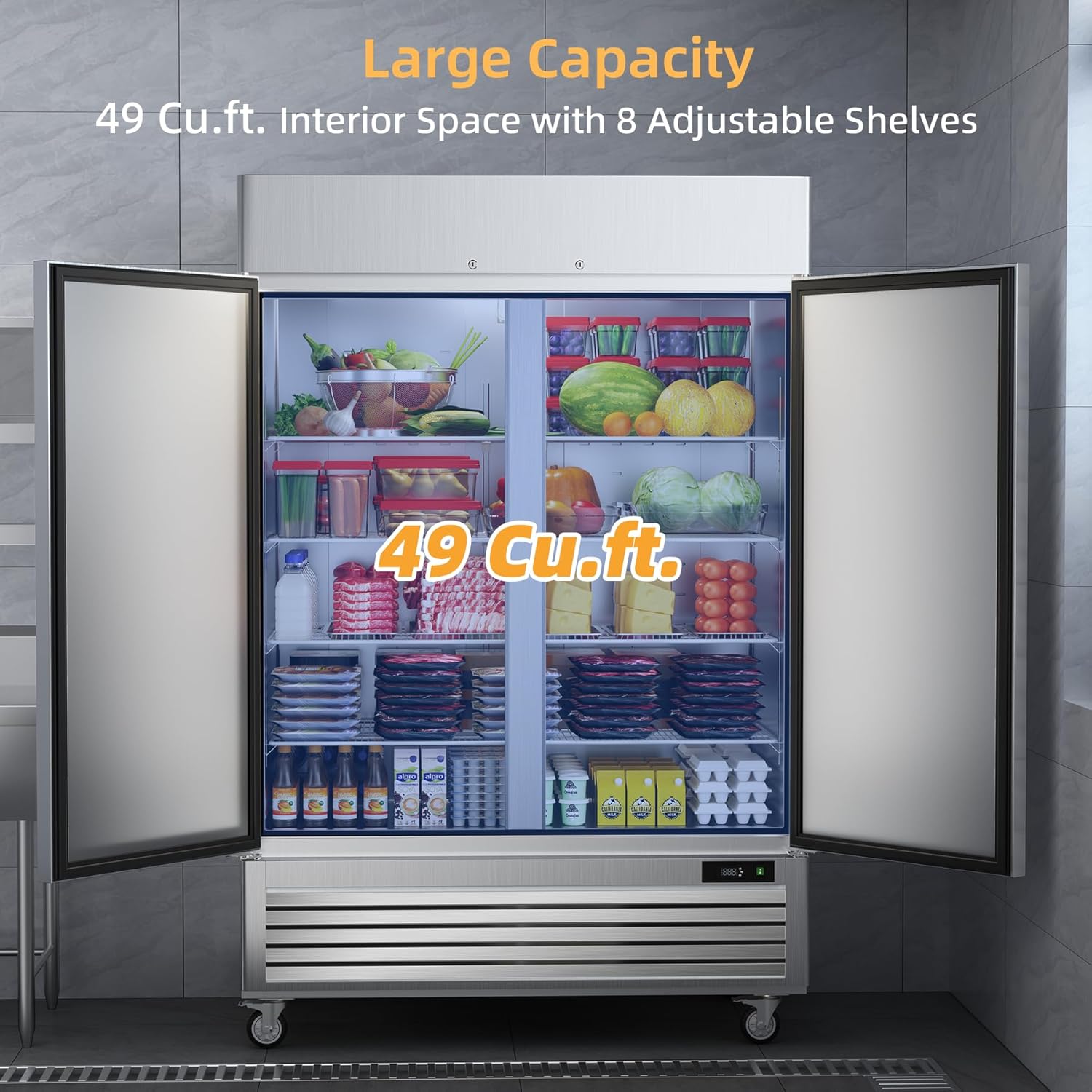 54’’ Commercial Freezer with 2 Door, Stainless Steel Reach-in Freezer Upright with 49 Cu.Ft/8 Shelves, Two Section Fan Cooling Freezers for Restaurant Garage ETL NSF Approved