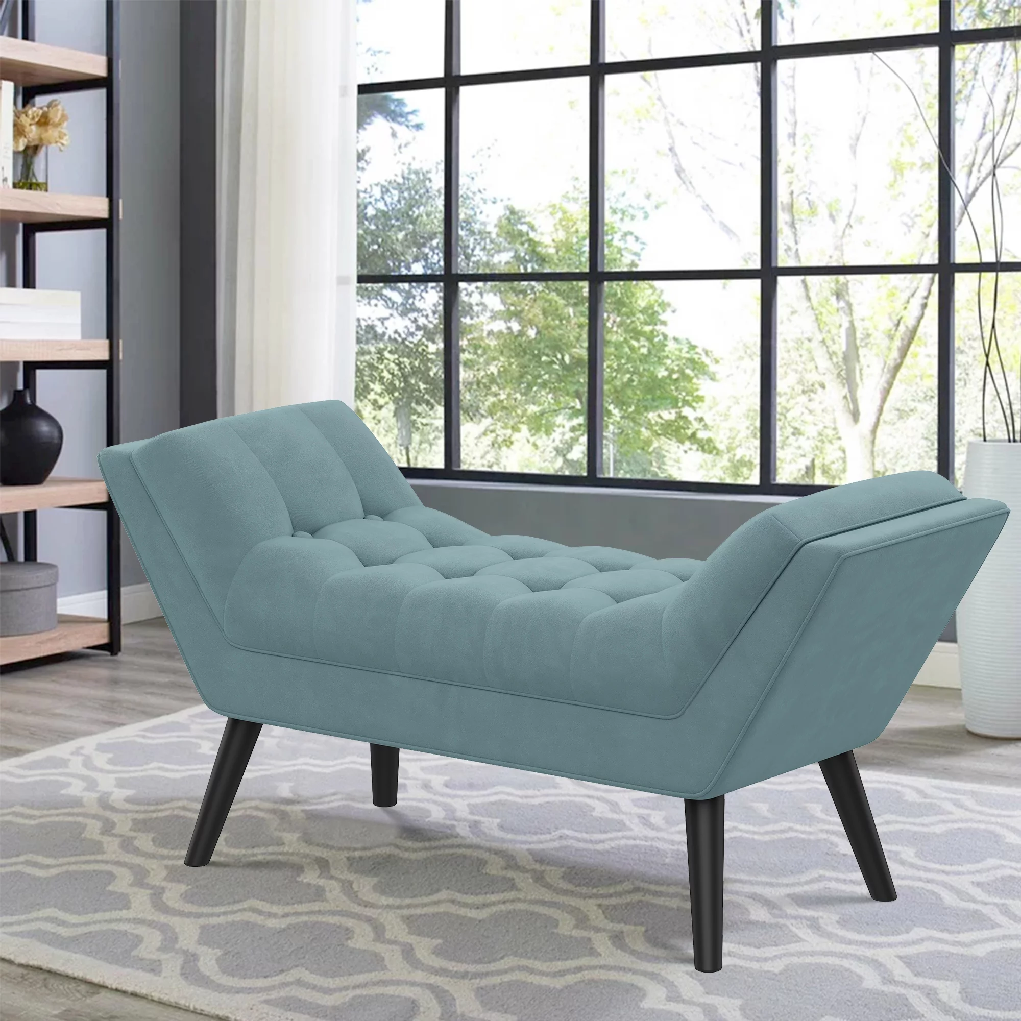 Andeworld Bed Bench Upholstered Tufted Footstool Entryway Ottoman Bench Two Seaters (Blue)