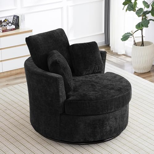 Chair and A Half with Ottoman, 360° Swivel Accent Barrel Chair Modern Comfy Round Reading Sofa Swivel Chairs Circle Lounge Chair for Bedroom Living Room w/4 Pillow Lower Seating Heigh (White, Large)