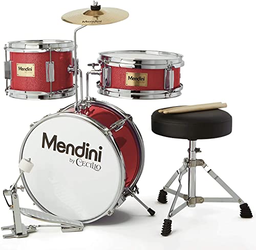 Mendini By Cecilio Kids Drum Set, 3 Piece Junior Drum Set for Beginners with Bass Tom Snare Drum, 16 inch Drum Kit with Snare, Cymbal, Drumsticks, Adjustable Seat (Metallic Red)