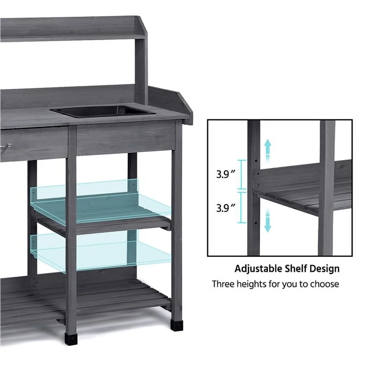 SmileMart Wooden Garden Potting Bench Work Bench Station Planting Bench with Sink Drawer Rack